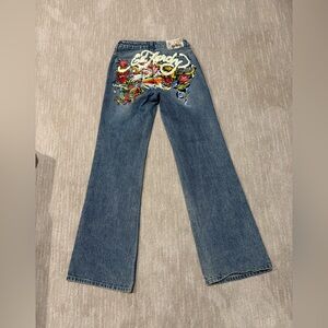 Ed Hardy Tattoo Koi Baggy Jean Y2K Paint Splatter Multicolor Women’s Size 24 EUC